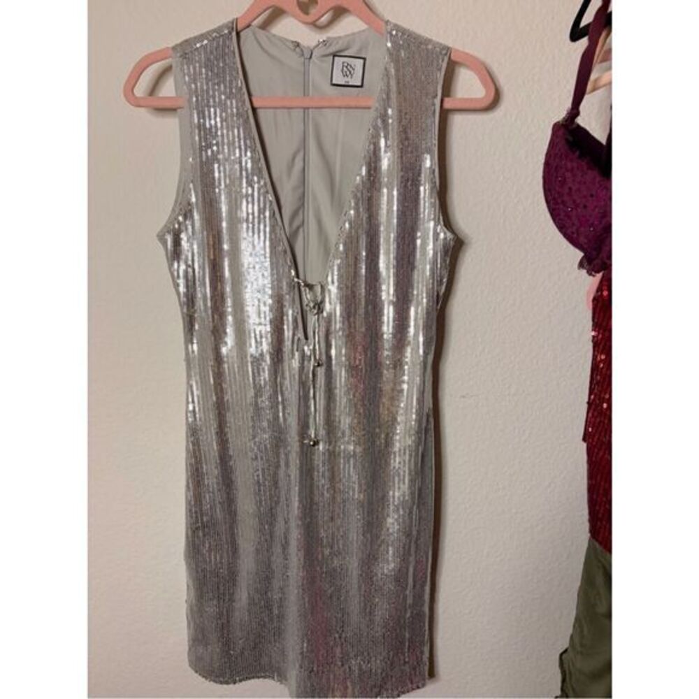 RNWY Silver Sequin Deep V Mini Dress